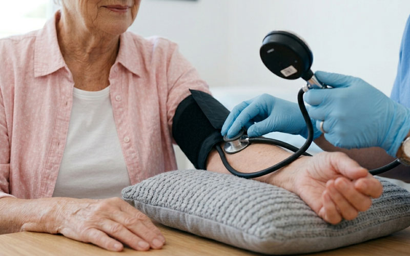 suivi-tension une infirmière prenant la tension au domicile d'une patiente senior